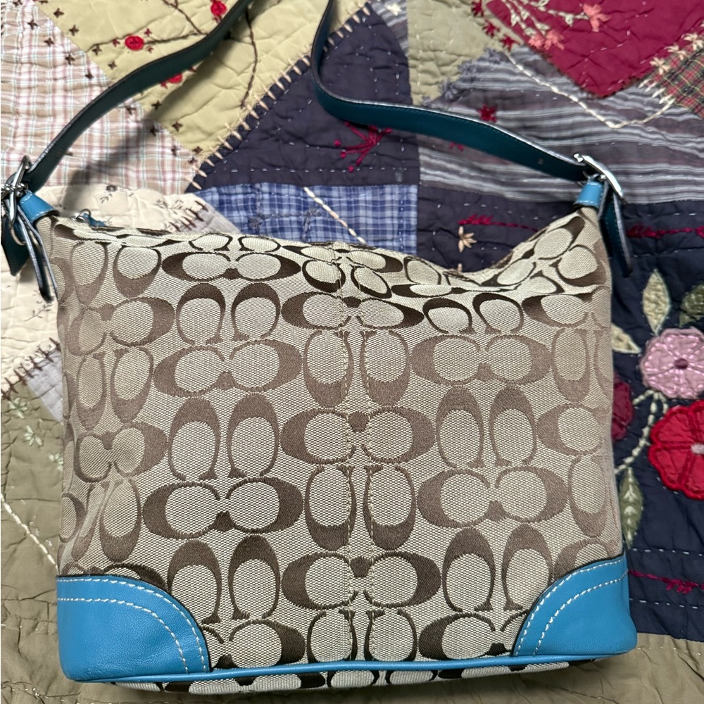 Coach beige canvas and blue leather trim hobo hand bag
